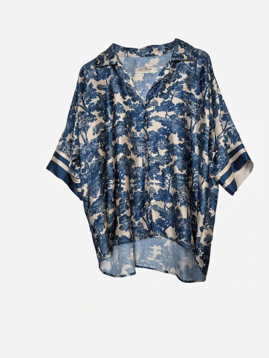 Carolina Lifestyle Satin Shirt Blue Toile de Jouy Print Size S/M - Image 1