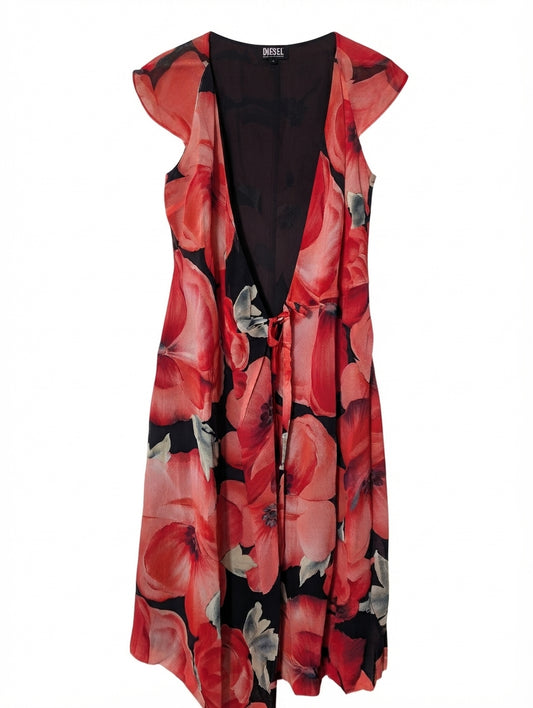 Diesel Australia Floral Chiffon Wrap Dress Red & Black Size 10 - Image 1