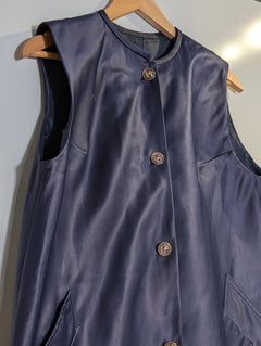 Vintage Sleeveless Button-Front Satin Tunic Vest - Navy Blue - Image 2
