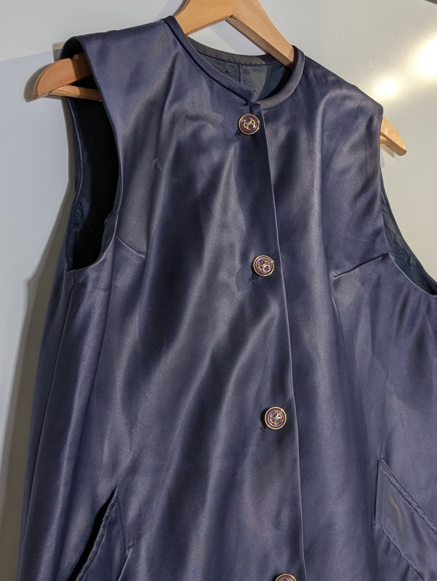 Vintage Sleeveless Button-Front Satin Tunic Vest - Navy Blue - Image 2