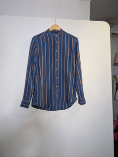 Bastoncino Men's Linen Mandarin Collar Shirt Blue & Tan Striped - Image 8