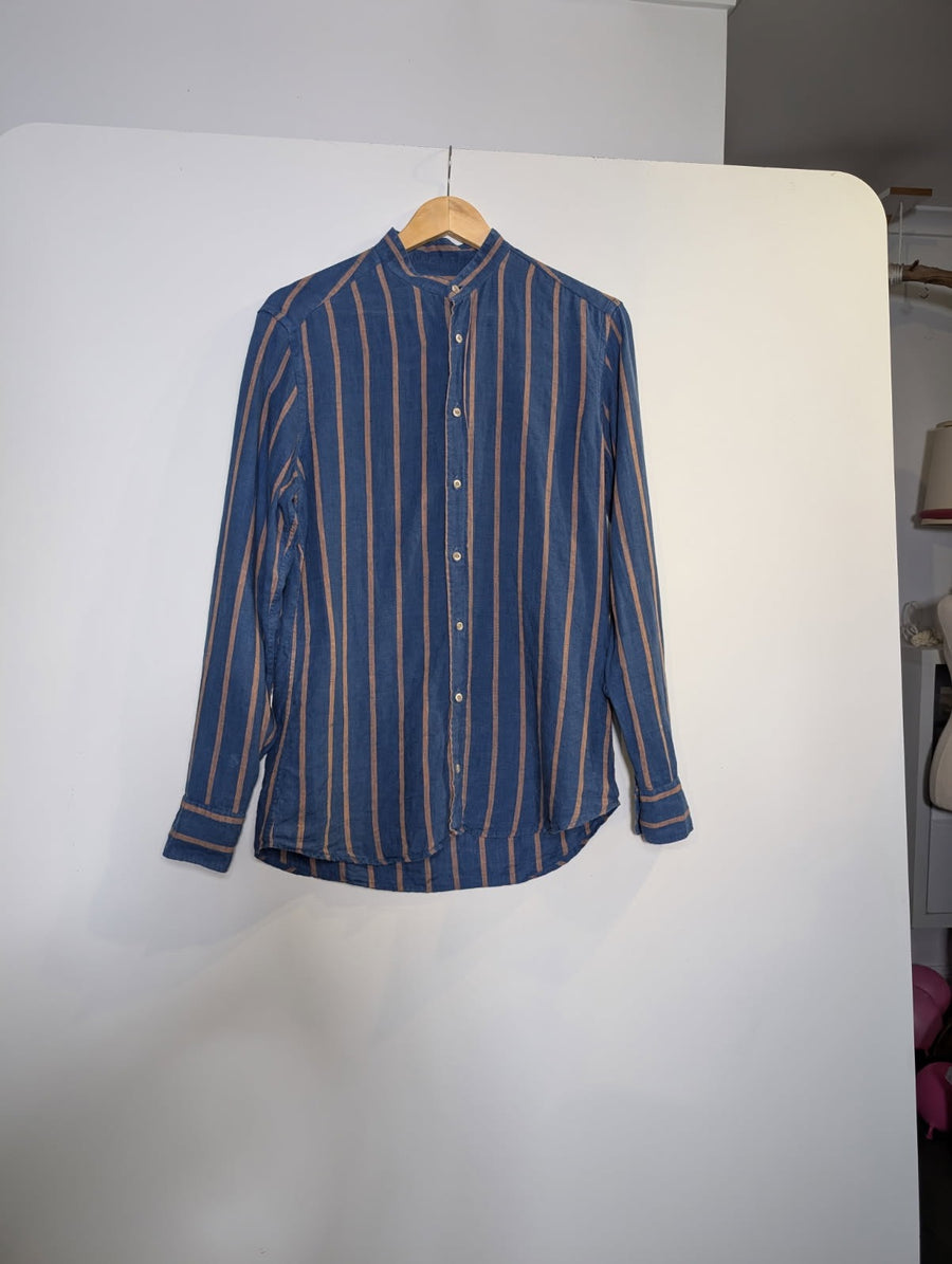 Bastoncino Men's Linen Mandarin Collar Shirt Blue & Tan Striped - Image 8