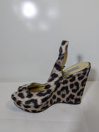 Stella McCartney Leopard Print Satin Peep Toe Wedge Slingback Sandals Size 38 - Image 2