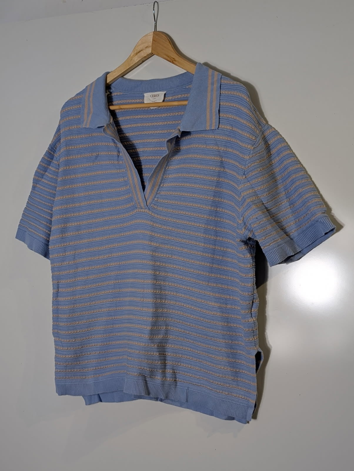 Ceres Life Striped Knit Polo Shirt - Blue & Beige Short Sleeve - Image 1