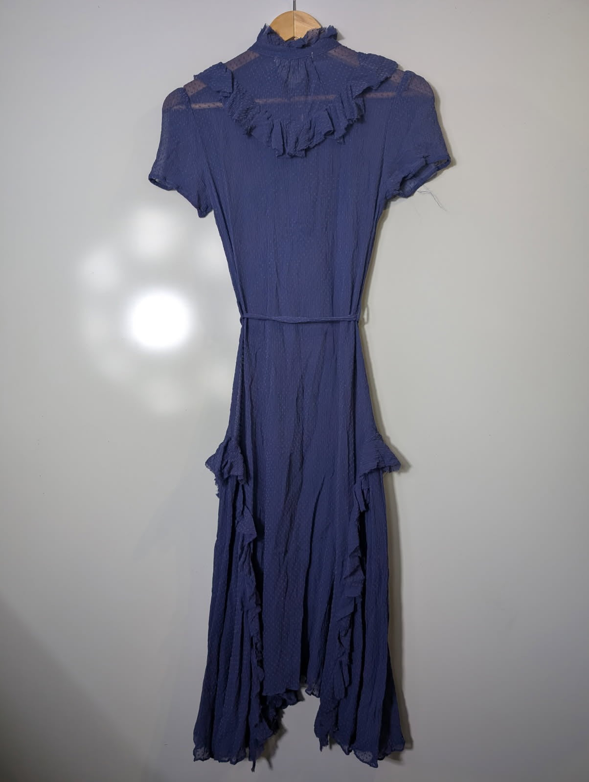 Lee Mathews Silk Swiss Dot Ruffle Midi Dress - Blue - Image 3