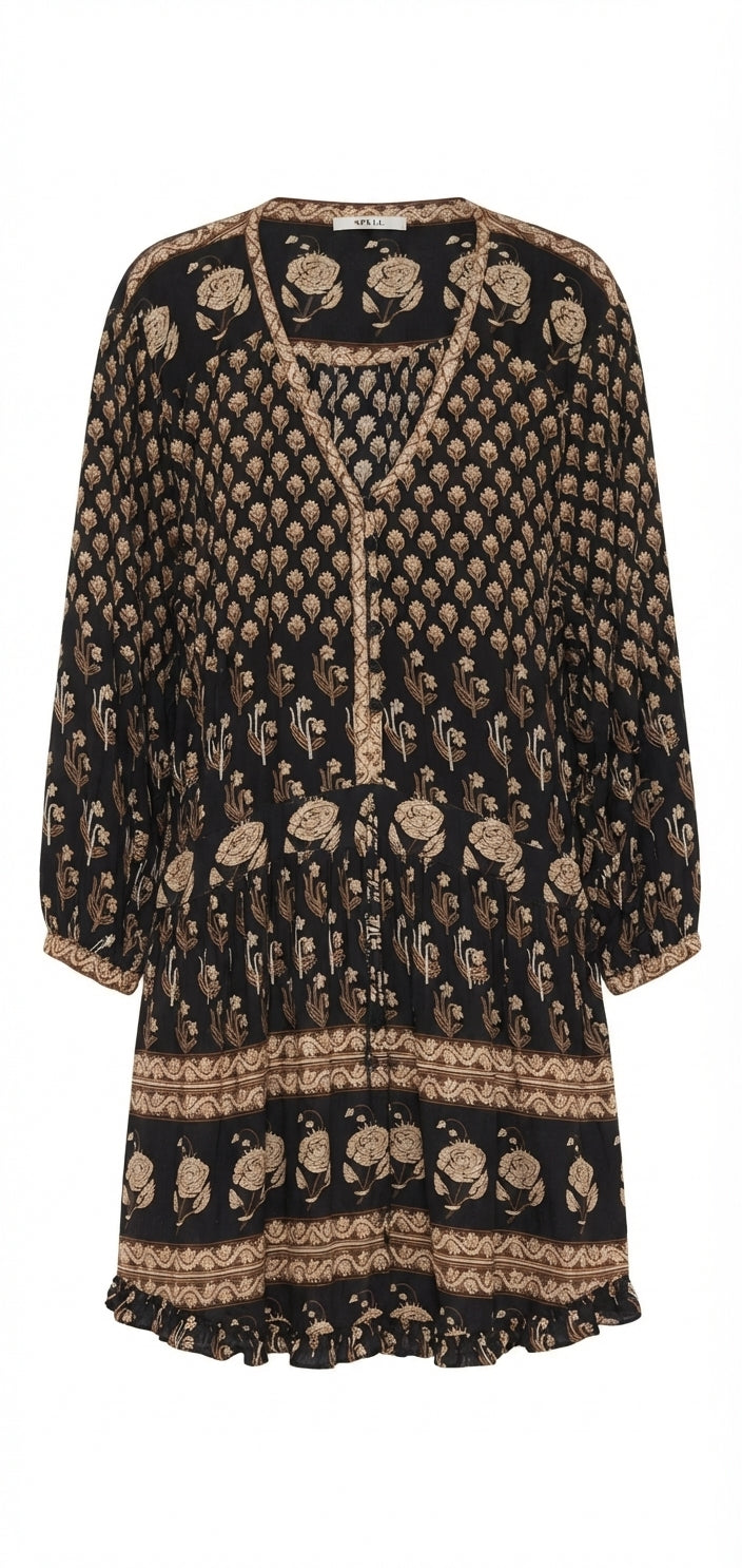 SPELL Floral Print Tunic Dress Black Beige Size L - Image 1