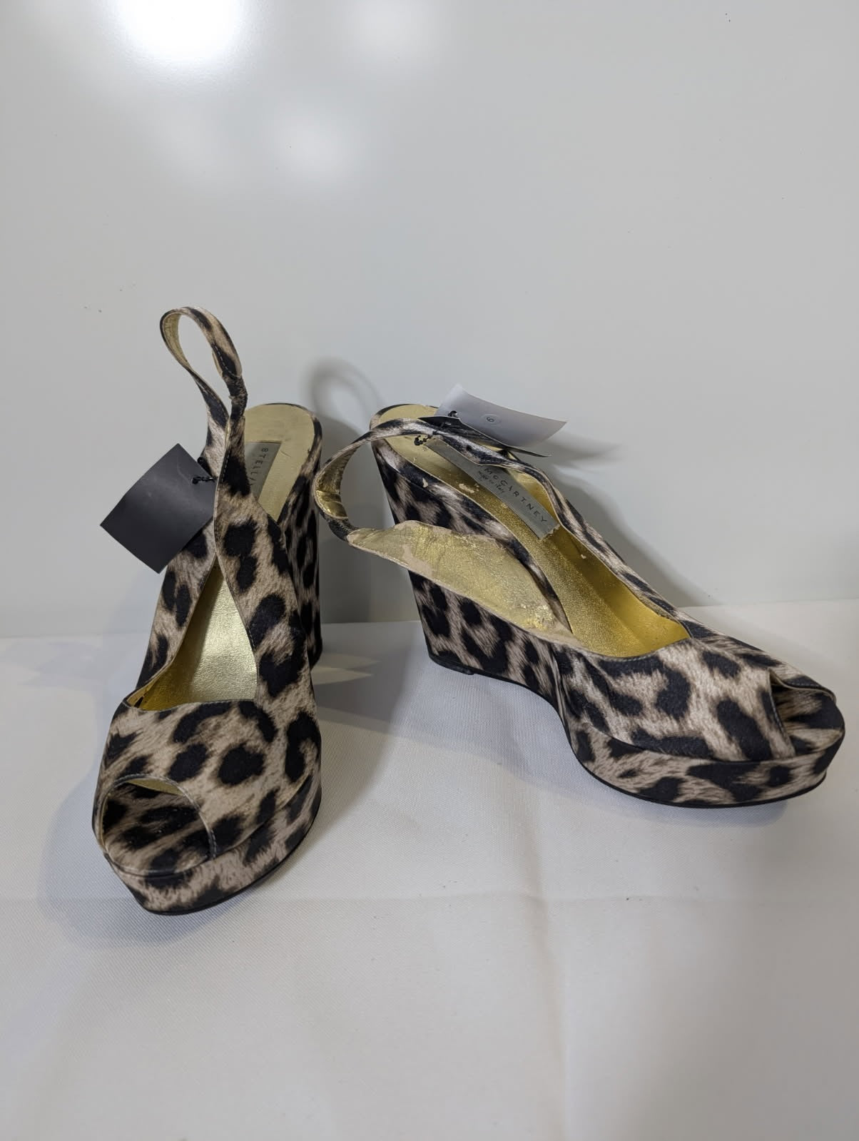 Stella McCartney Leopard Print Satin Peep Toe Wedge Sandals - Image 3