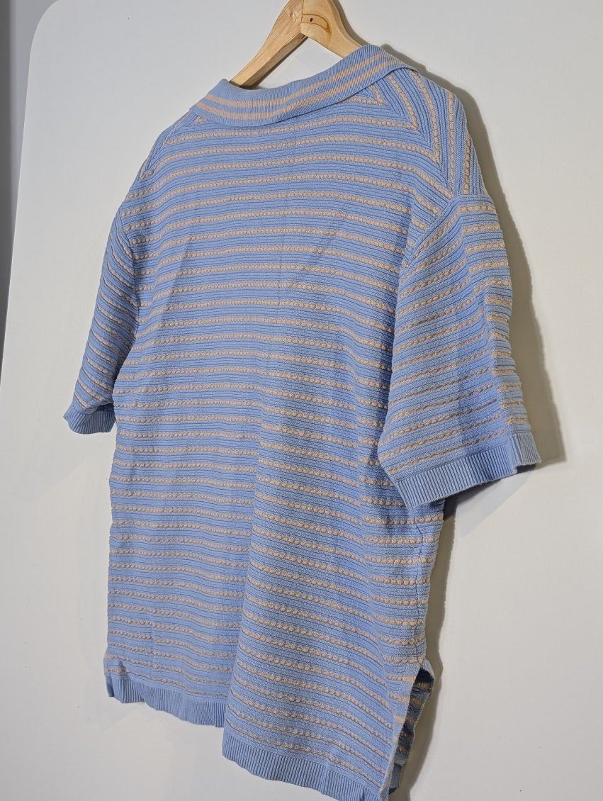 Ceres Life Striped Knit Polo Shirt - Blue & Beige Short Sleeve - Image 5