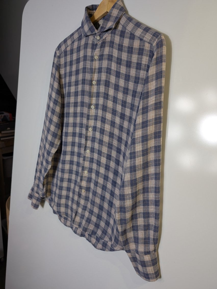 Suitsupply Men's Blue and White Check Pure Linen Shirt Size 37 / 14.5 - Image 10