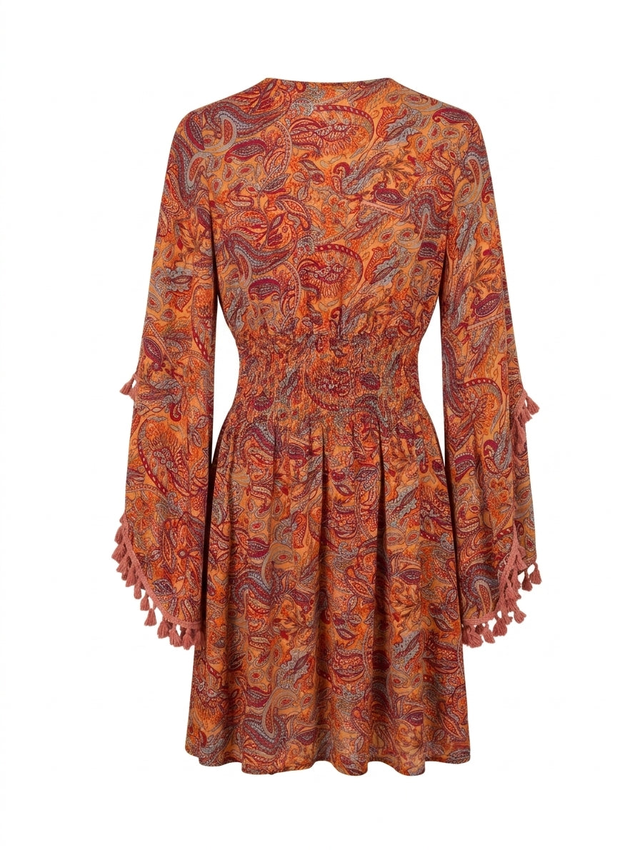 Lily T Boho Paisley Print Tassel Sleeve Mini Dress Size S - Image 1