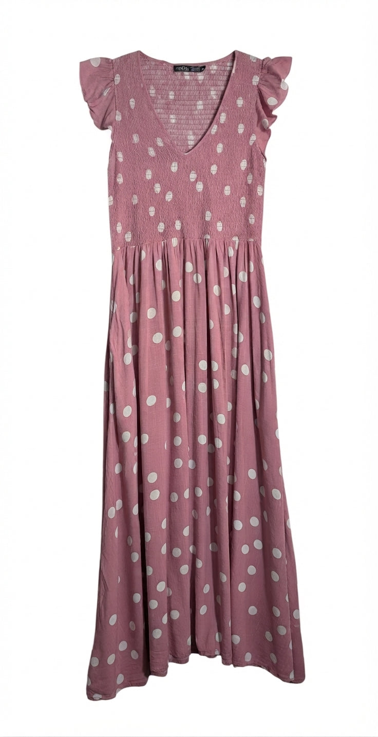 Mister Zimi Polka Dot Smocked Maxi Dress Pink Size 8 - Image 1