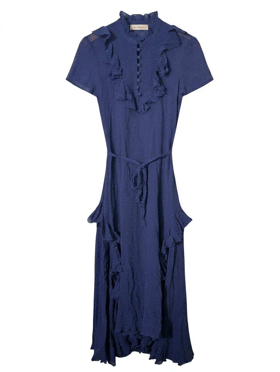 Lee Mathews Silk Swiss Dot Ruffle Midi Dress - Blue - Image 1