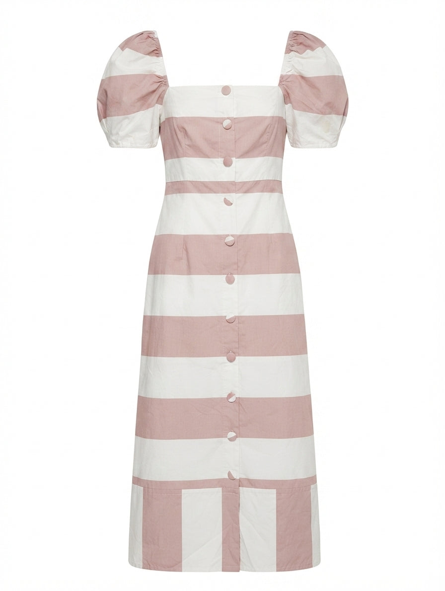 alice McCALL Striped Puff Sleeve Midi Dress White and Tan - Image 1