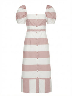 alice McCALL Striped Puff Sleeve Midi Dress White and Tan - Image 1