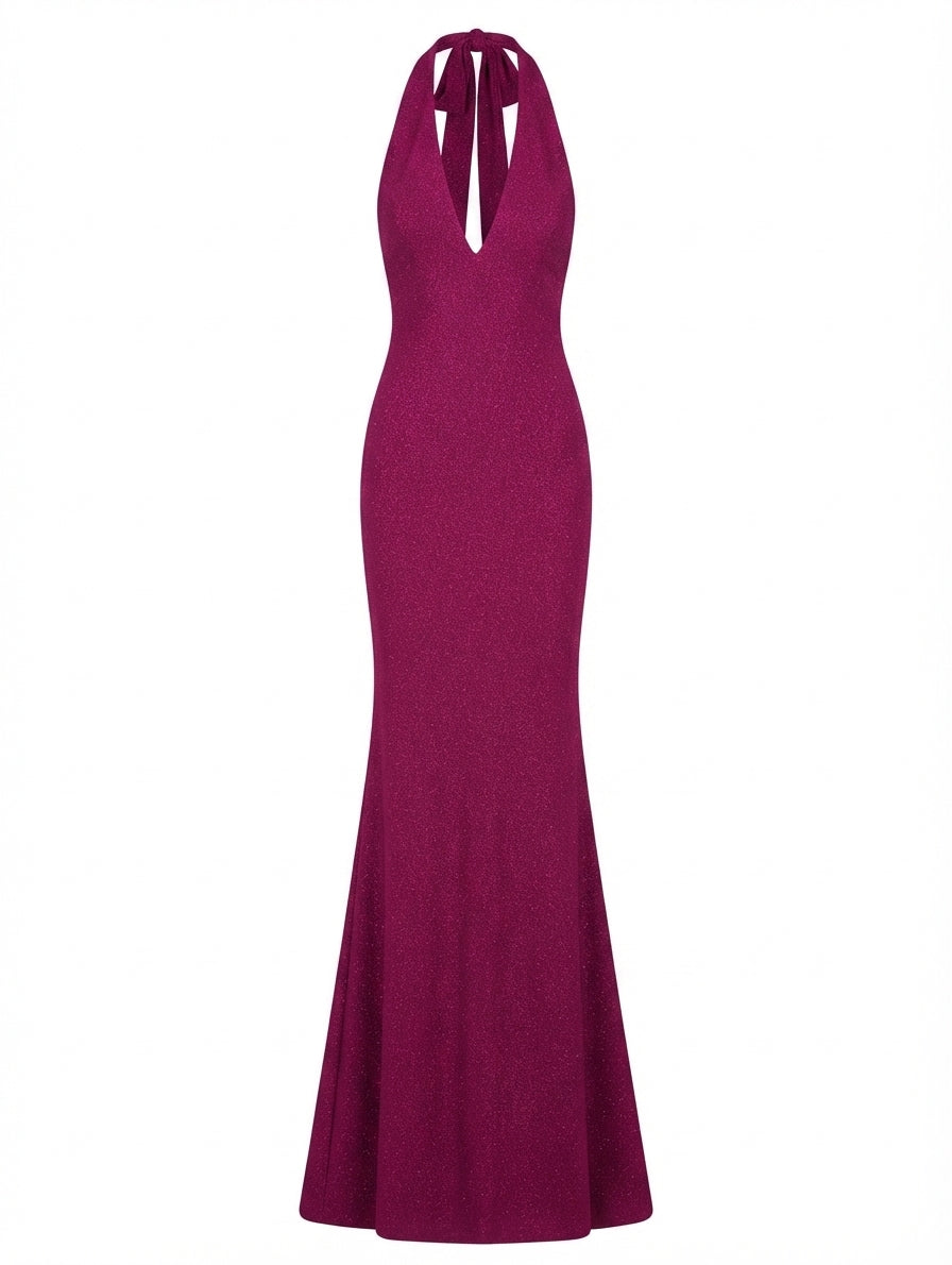 Nookie Glitter Halter Neck Maxi Dress Magenta Size S