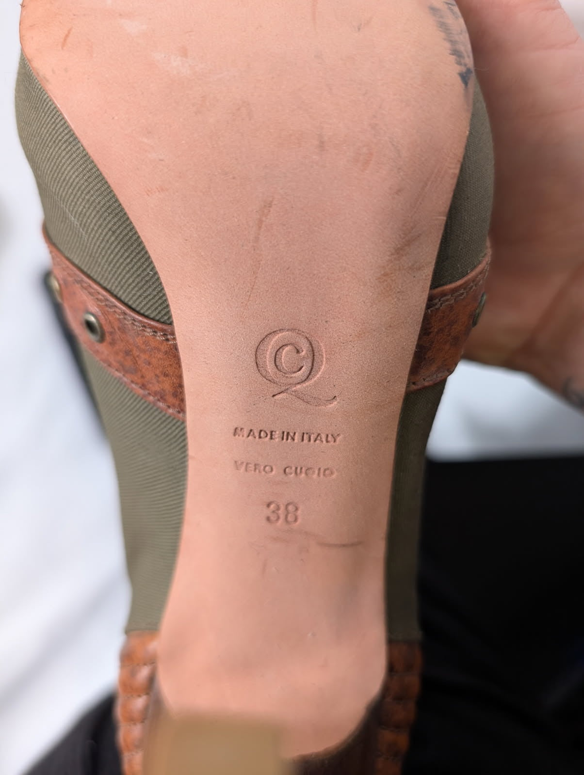 Alexander McQueen Khaki Canvas & Brown Leather Peep Toe Skull Zip Boots - Image 4