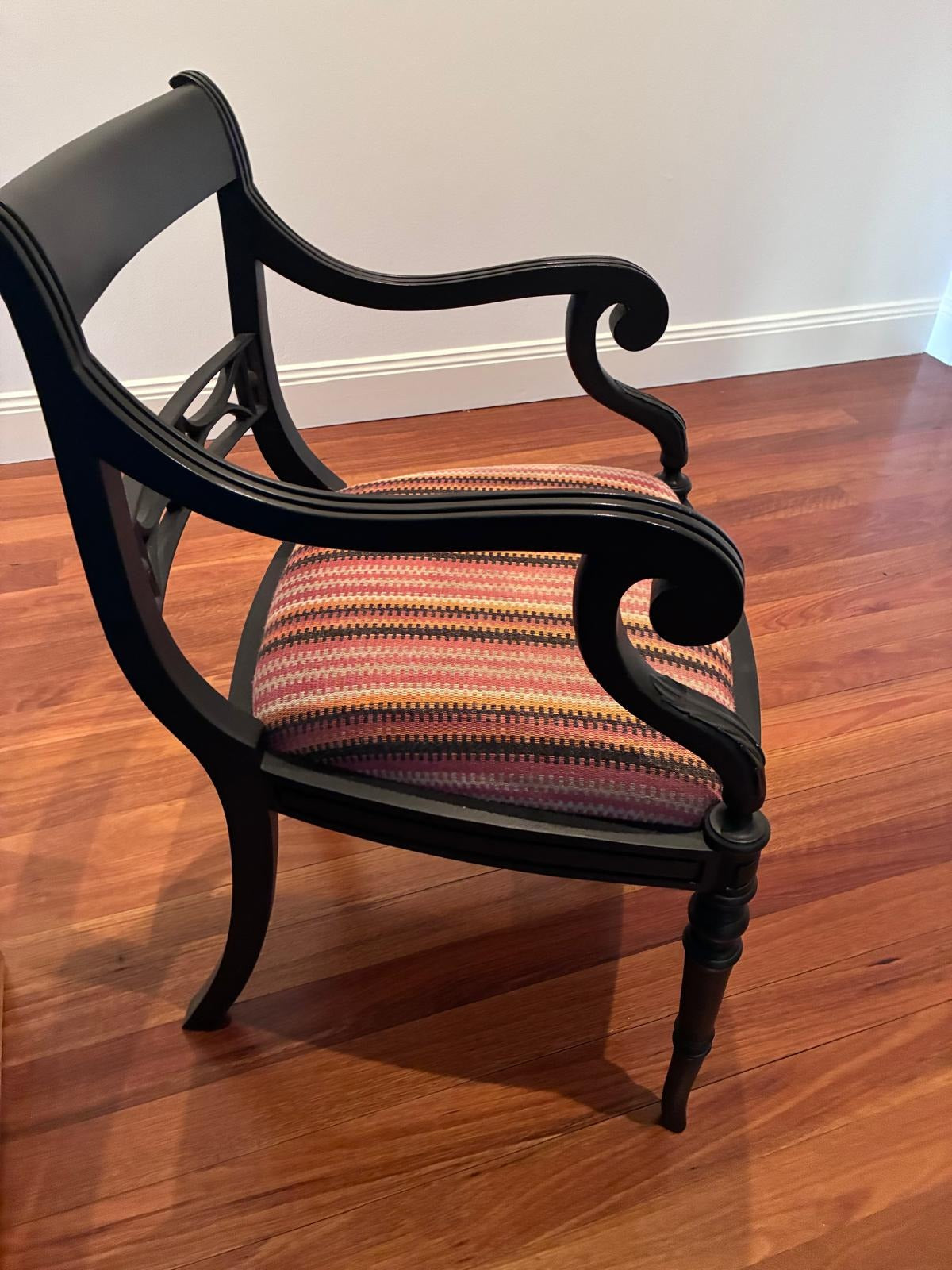 Regency Style Black Painted Armchair with Bespoke Striped Upholstery - Image 3