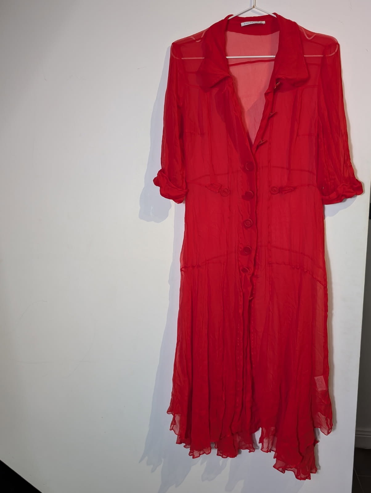 Scanlan & Theodore Red Silk Sheer Button-Down Dress - Image 1