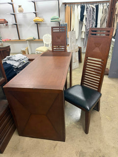 Modern Living Desk Table- Slat-Back Design with Black Leather Seats (Set of 2) - Image 3