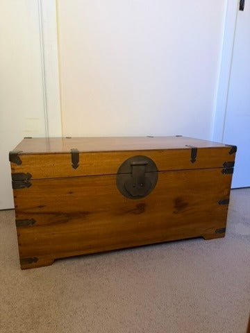 Antique Chinese Elm Wood Blanket Chest with Brass Hardware - Image 1