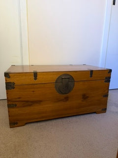 Antique Chinese Elm Wood Blanket Chest with Brass Hardware - Image 1