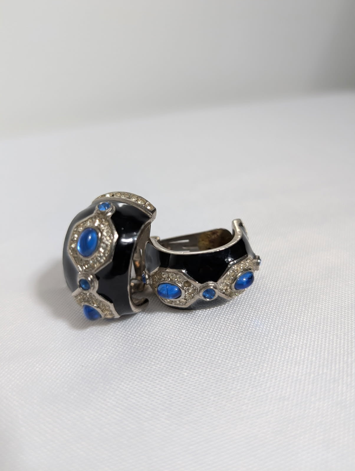 Vintage Enamel and Rhinestone Clip-On Hoop Earrings with Blue Cabochons - Image 1