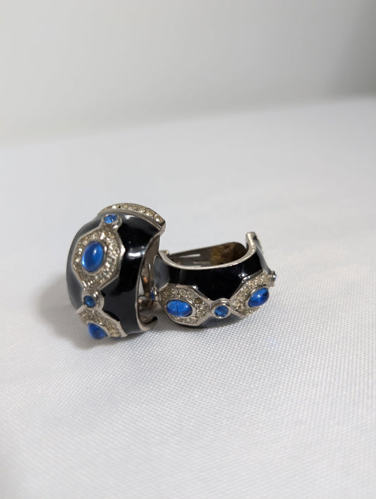 Vintage Enamel and Rhinestone Clip-On Hoop Earrings with Blue Cabochons - Image 1