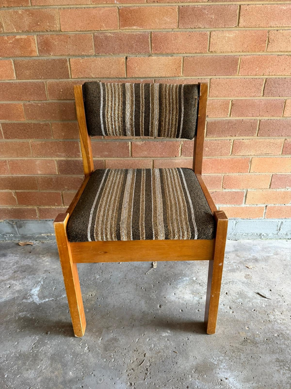 Vintage 70s Wooden Accent Chair Retro Striped Upholstery - Image 3