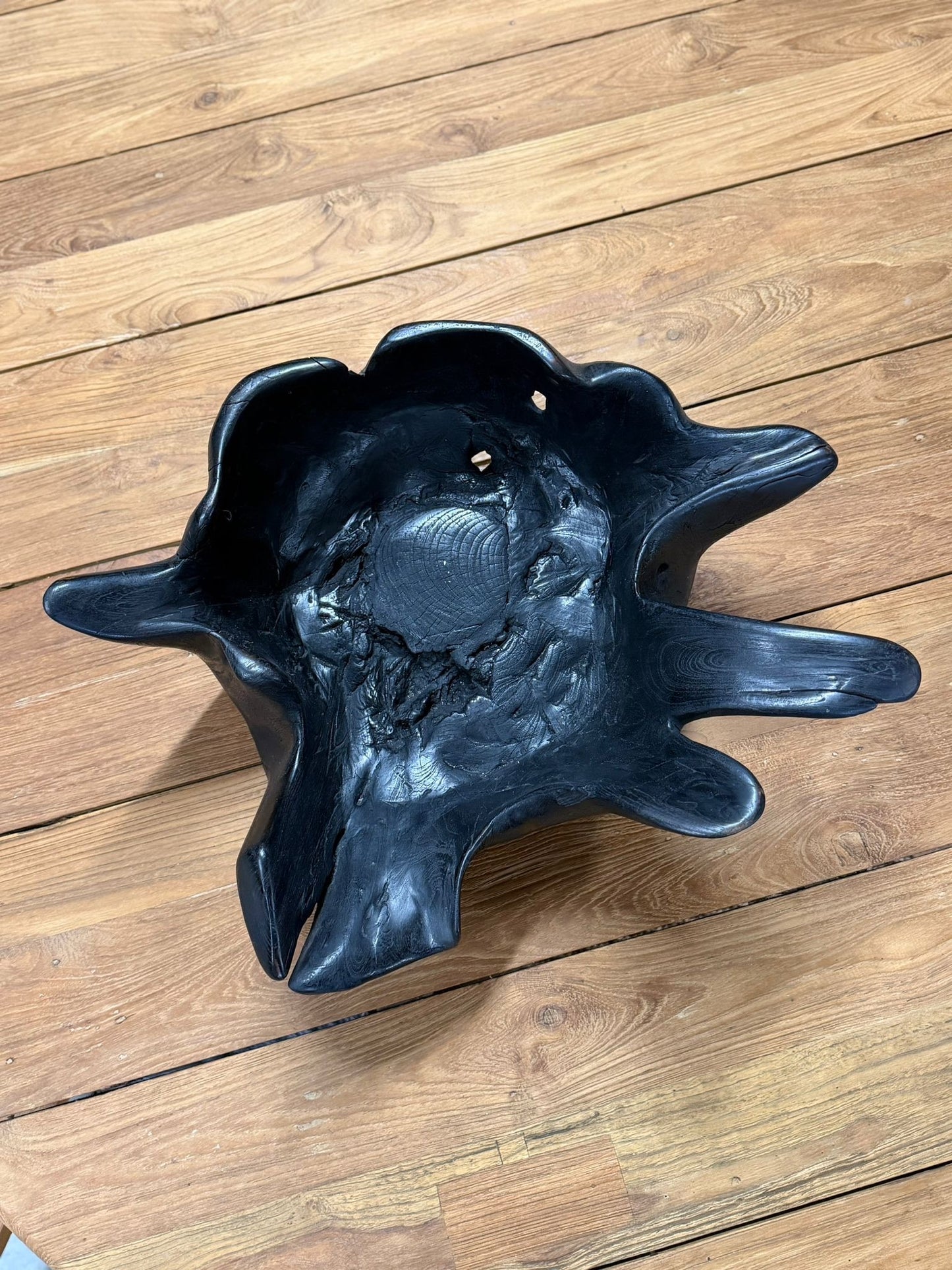 Hand-Carved Teak Root Bowl Black Stained Sculptural Piece - Image 3