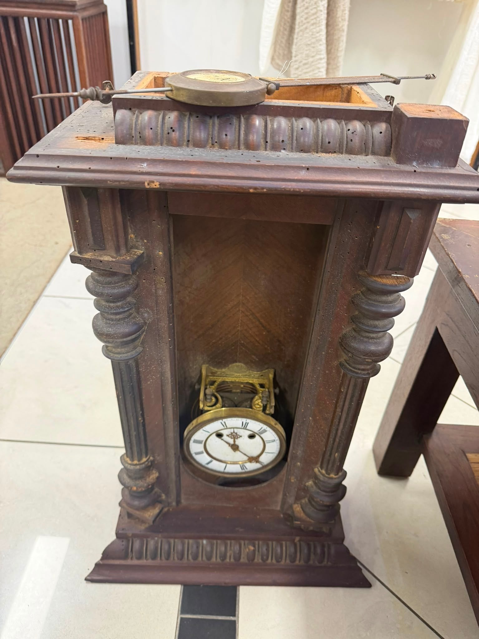 Antique French Portico Mantel Clock Wood For Restoration - Image 3