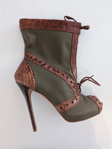 Alexander McQueen Olive Canvas & Brown Leather Peep Toe Stiletto Boots EU 38 - Image 3