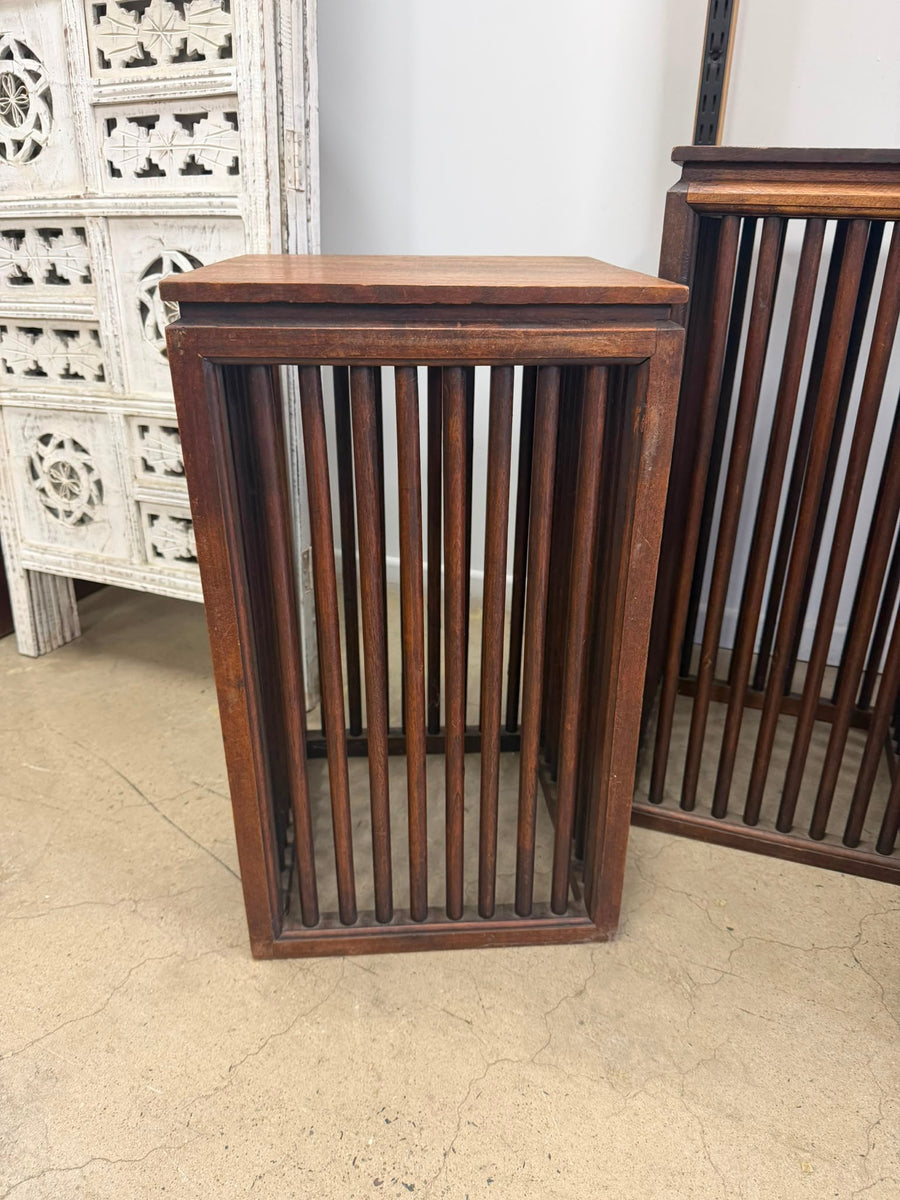 Wooden Slat Pedestal Stands Set of Three MCM Style Display Plinths Brown - Image 3
