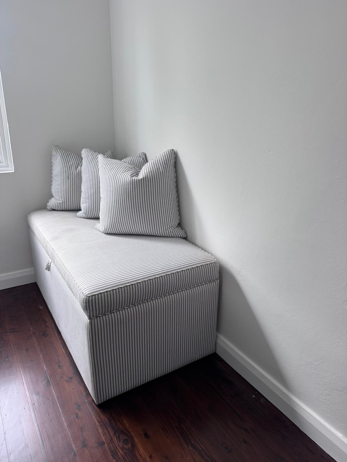 Custom Upholstered Storage Ottoman Bench - Blue & White Stripe - Image 4