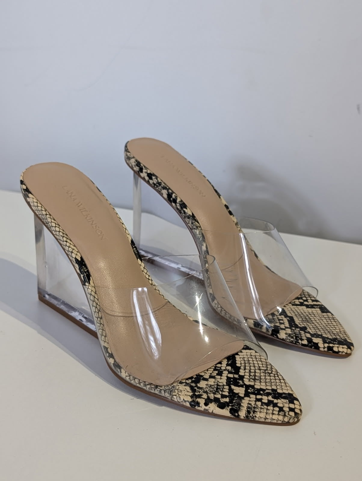 Lana Wilkinson Snakeskin Print Clear Strap Mules - Image 1