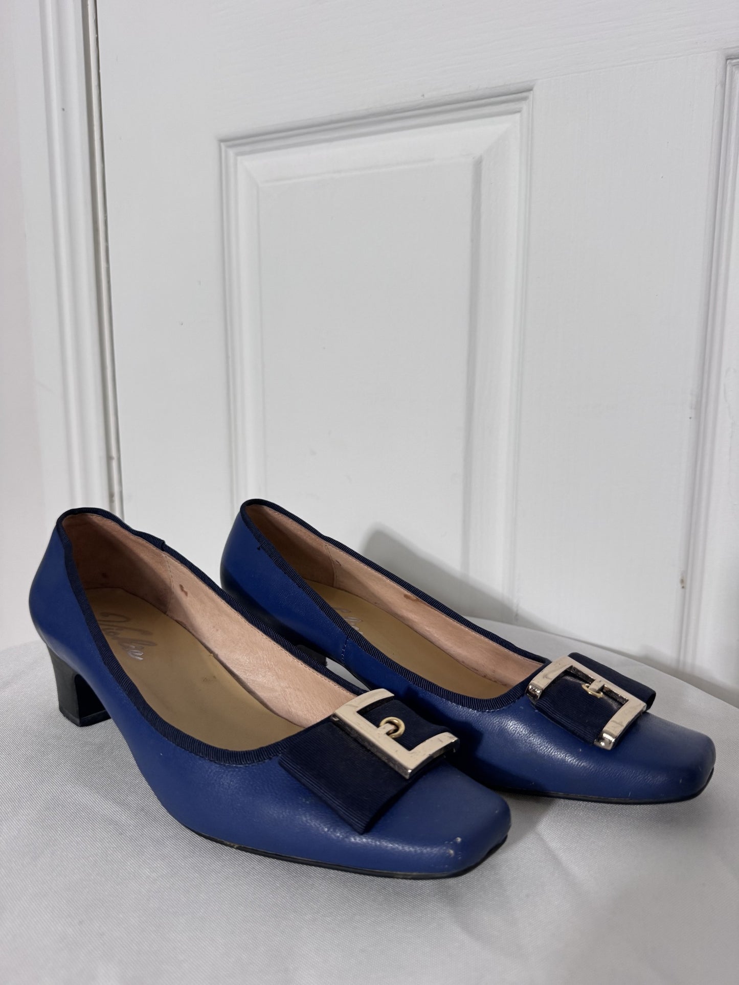 Aigner Blue Leather Block Heel Pumps - Logo Buckle Detail - Image 3