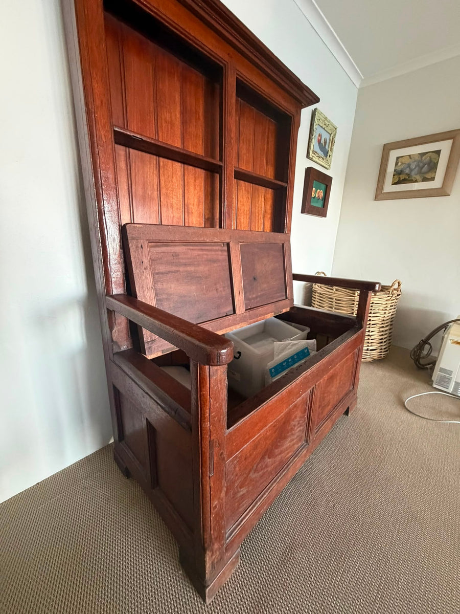 Antique Oak Wainscot Settle Bench Storage Seat with Shelves Hall Bench - Image 3