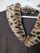 East Knit Cardigan Brown Leopard Print Faux Fur Collar Women's Size S - Image 3