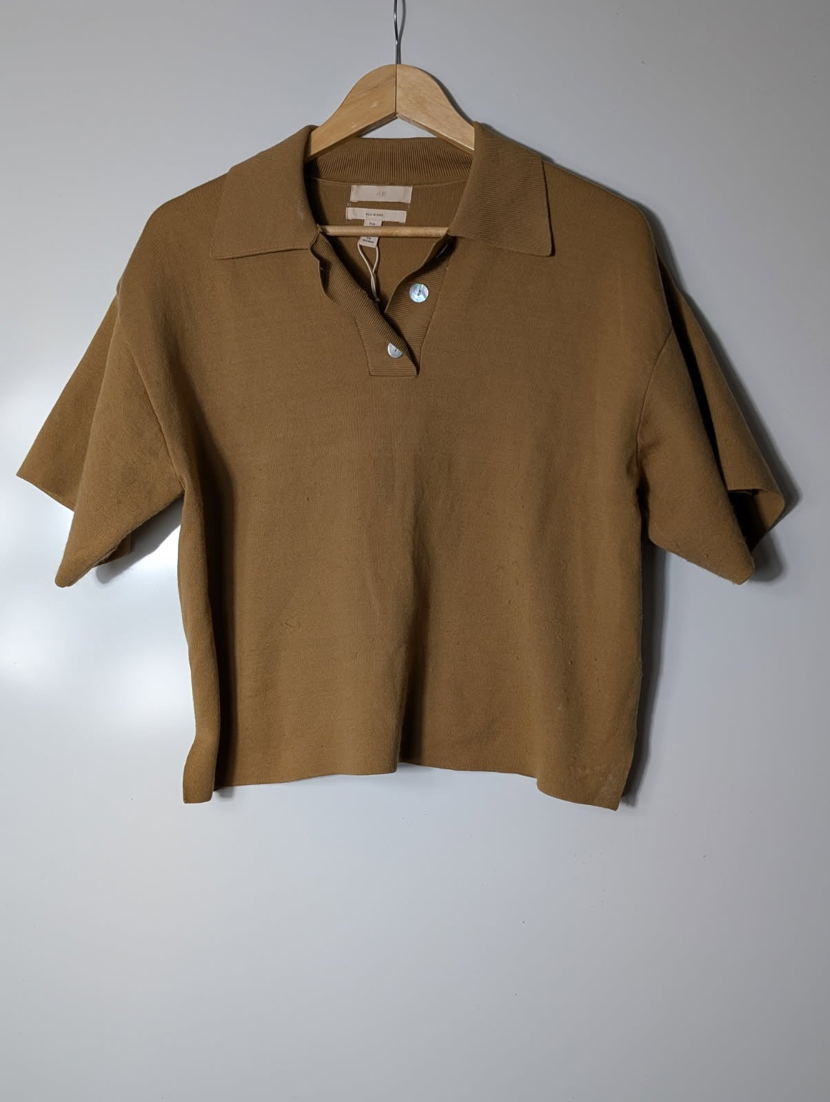 H&M Silk Blend Knit Polo Shirt Tan Women's XS - Image 1