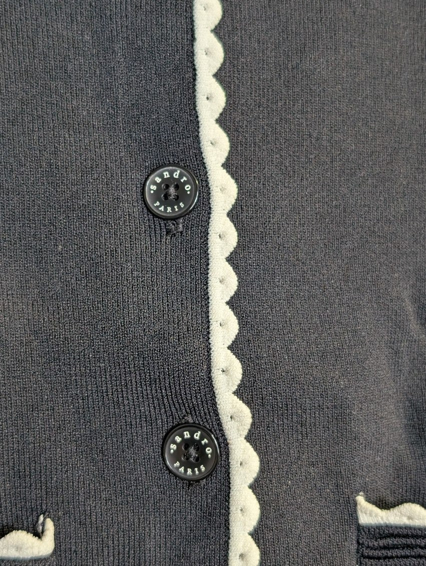 Sandro Paris Cardigan Black Scalloped Trim Button-Up - Image 3