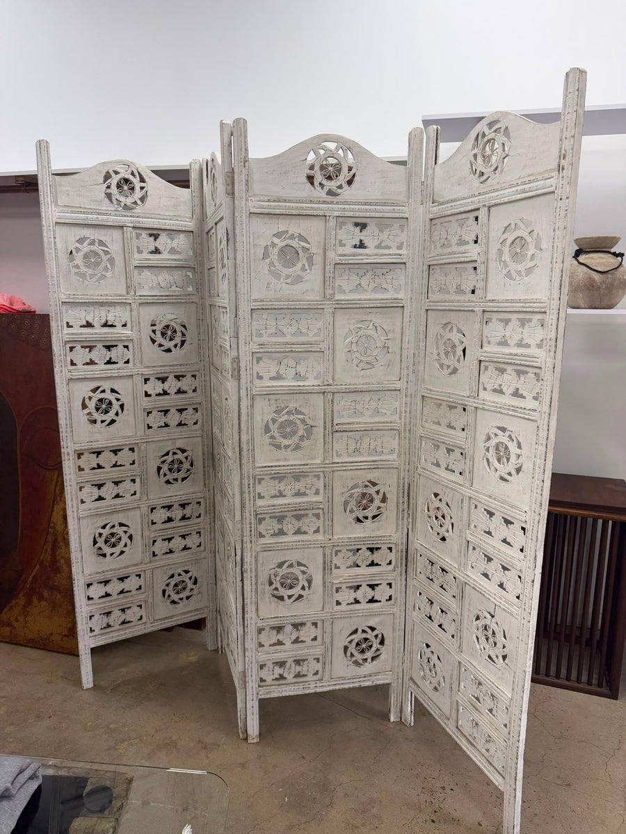 Unbranded 3-Panel Room Divider Distressed White Carved Wood - Image 3