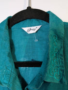Grey Linen Short Sleeve Button-Up Shirt Teal Embroidered Pocket - Image 4