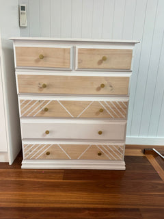 Upcycled Wooden Chest of Drawers Geometric Pattern Brass Knobs - Image 3