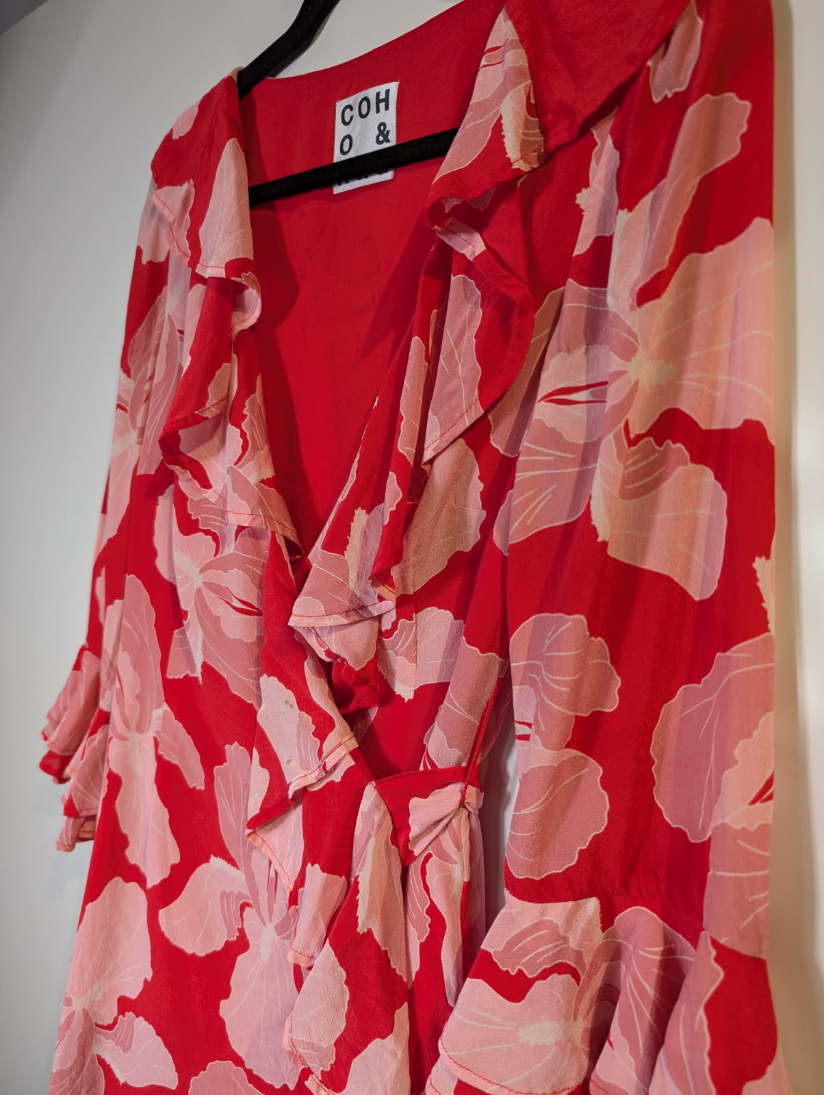Hansen & Gretel Floral Ruffle Wrap Dress Red/Pink Silk Size S - Image 3