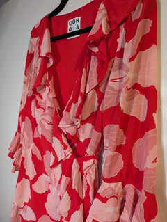 Hansen & Gretel Floral Ruffle Wrap Dress Red/Pink Silk Size S - Image 3