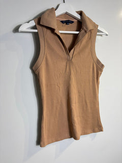French Connection Sleeveless Polo Top Tan Ribbed Knit XXS - Image 3