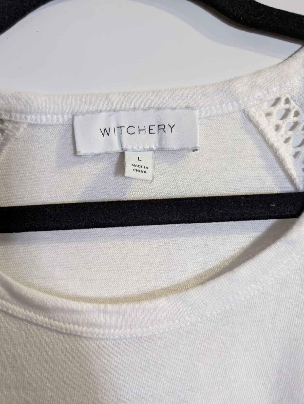 Witchery White T-Shirt with Crochet Detail Women's Size L - Image 3
