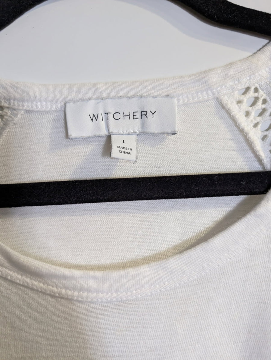 Witchery White T-Shirt with Crochet Detail Women's Size L - Image 3