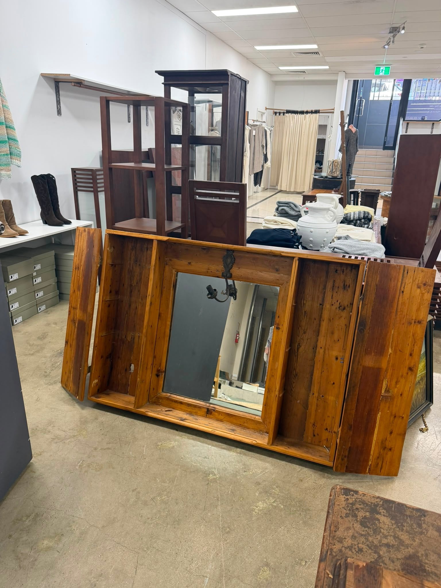 Rustic Reclaimed Wood Shutter Mirror With Storage Cabinets - Image 3