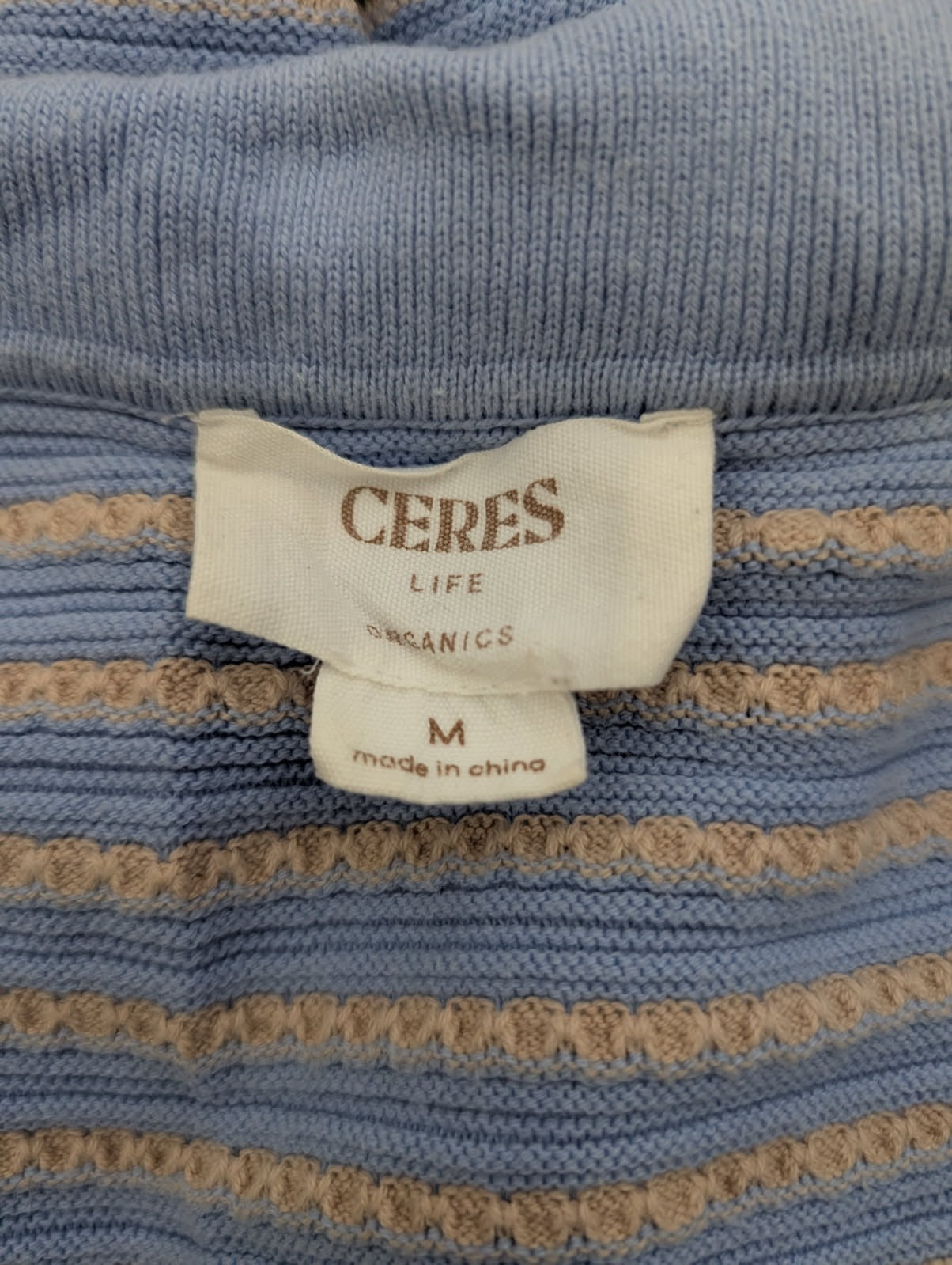 Ceres Life Organics Textured Stripe Polo Shirt - Blue/Beige - Size M - Image 4