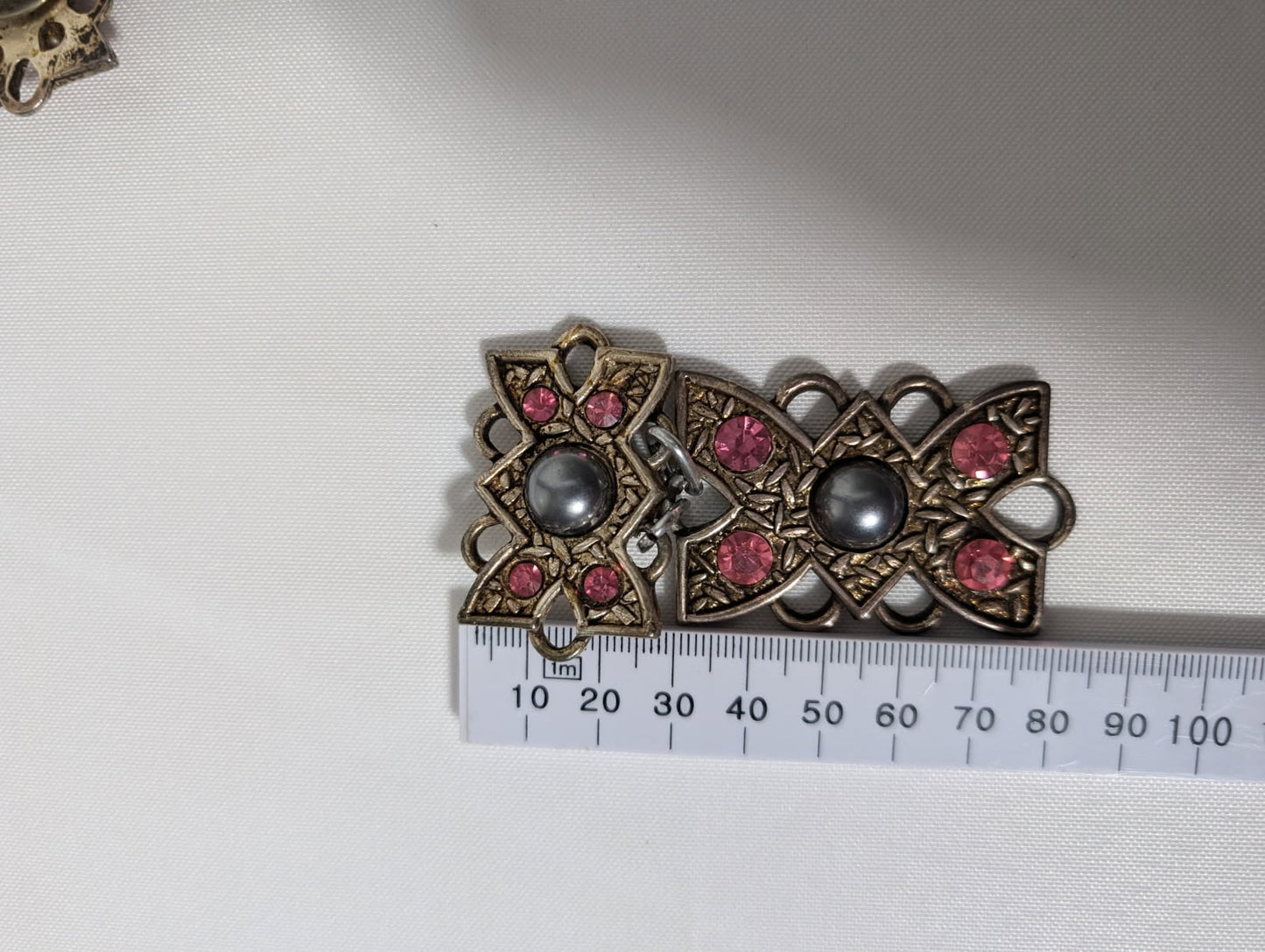 Vintage Filigree Clip-On Dangle Earrings With Pink Stones And Grey Pearls - Image 3